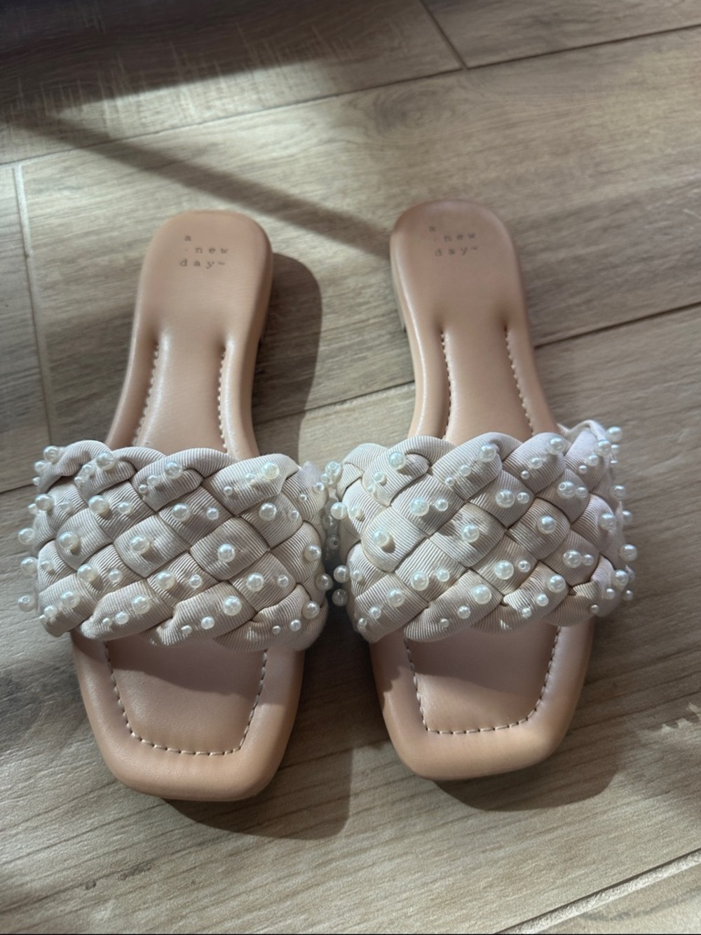 A New Day Pearl-Embellished Braided Slide Sandals in Nude